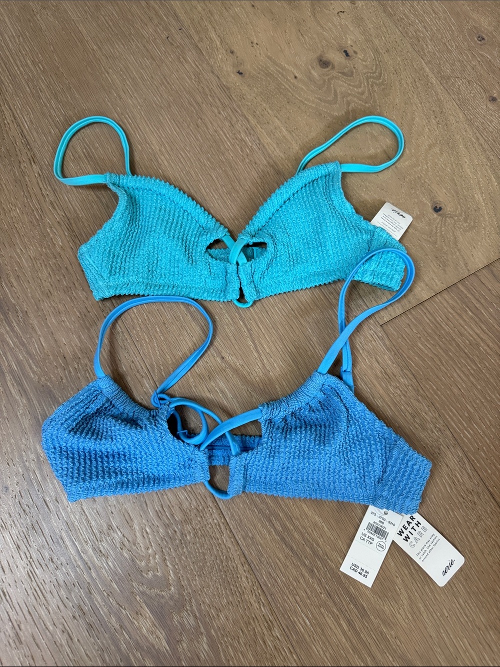 Aerie Shimmery Crinkle Lace Up Scoop swim top Bundle NWT, Blue, light teal XXS